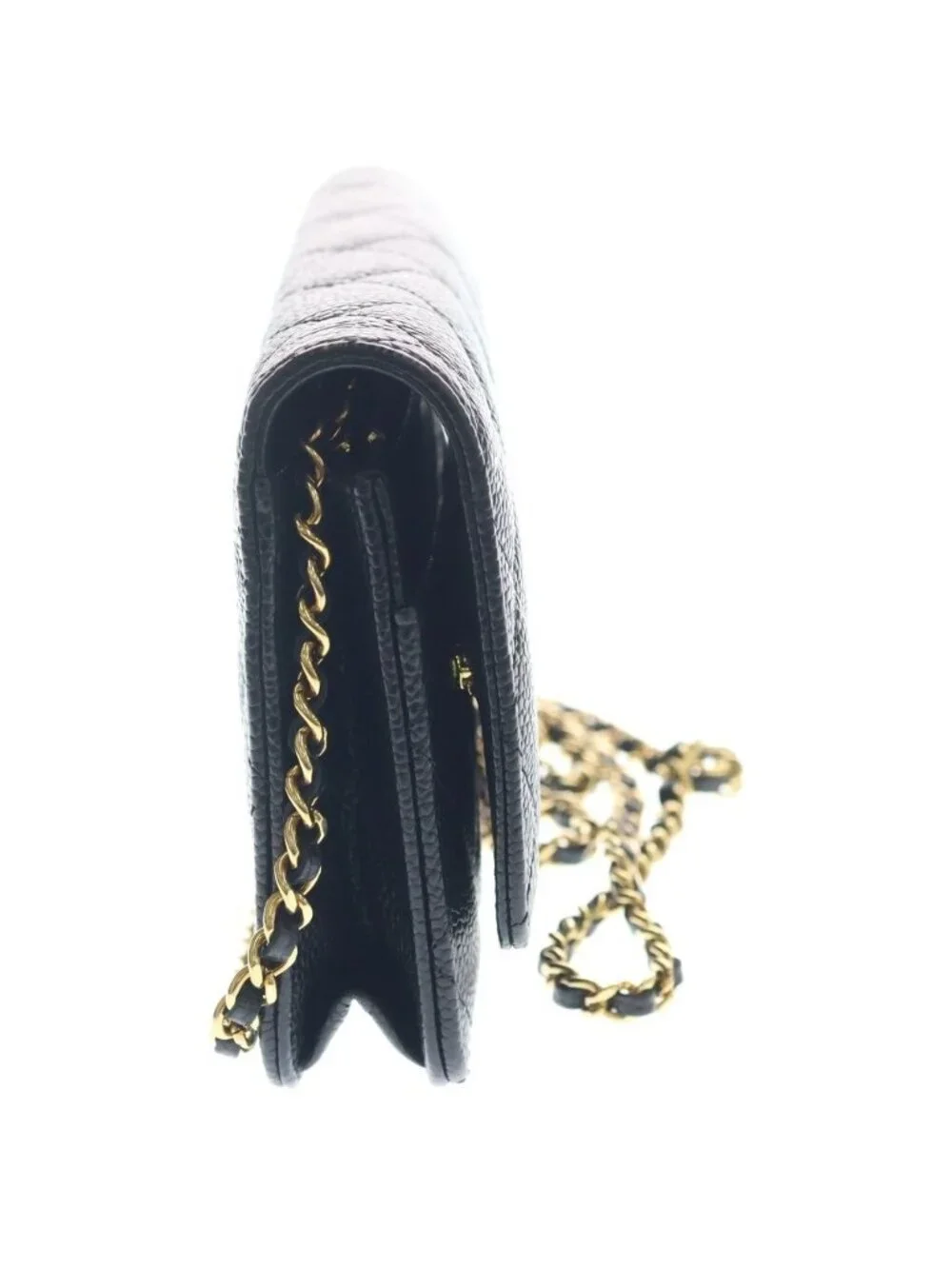 Chanel Quilted Caviar Leather Gold Chain Wallet Shoulder Bag Plate Black